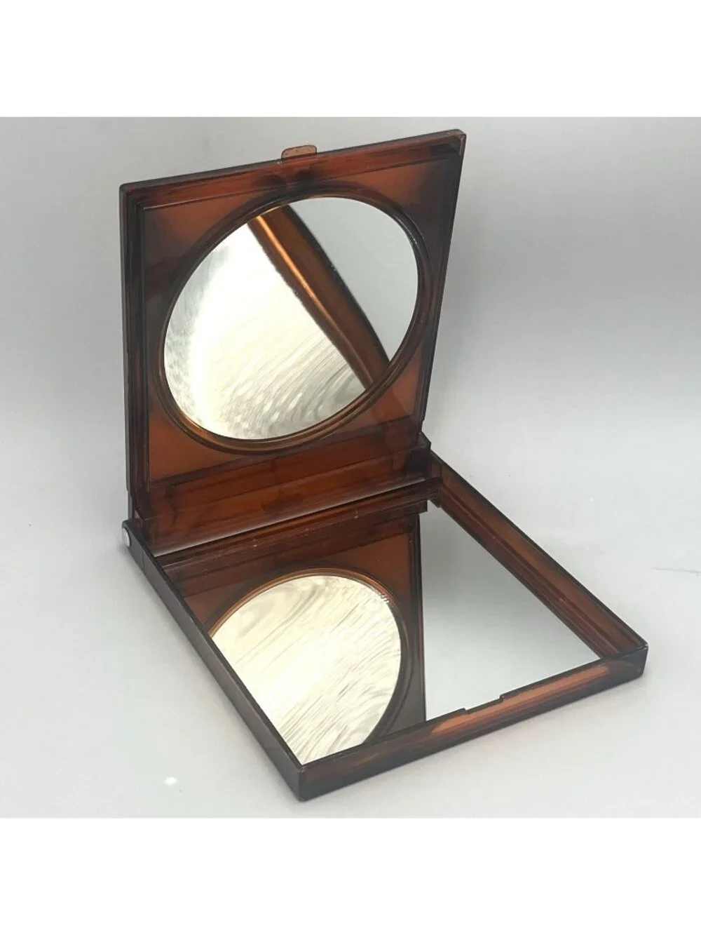 Vintage Brown Lucite Large Compact Mirror 2 Sides Magnification and Normal